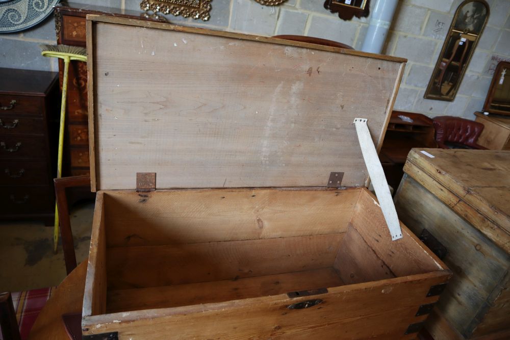 Two Victorian rectangular pine trunks, larger width 94cm, depth 53cm, height 52cm